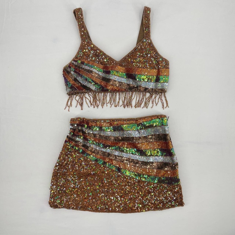 Vintage Y2K Silk Beaded Two Piece Top Mini Skirt Set XS Euro Party Fairy Glam